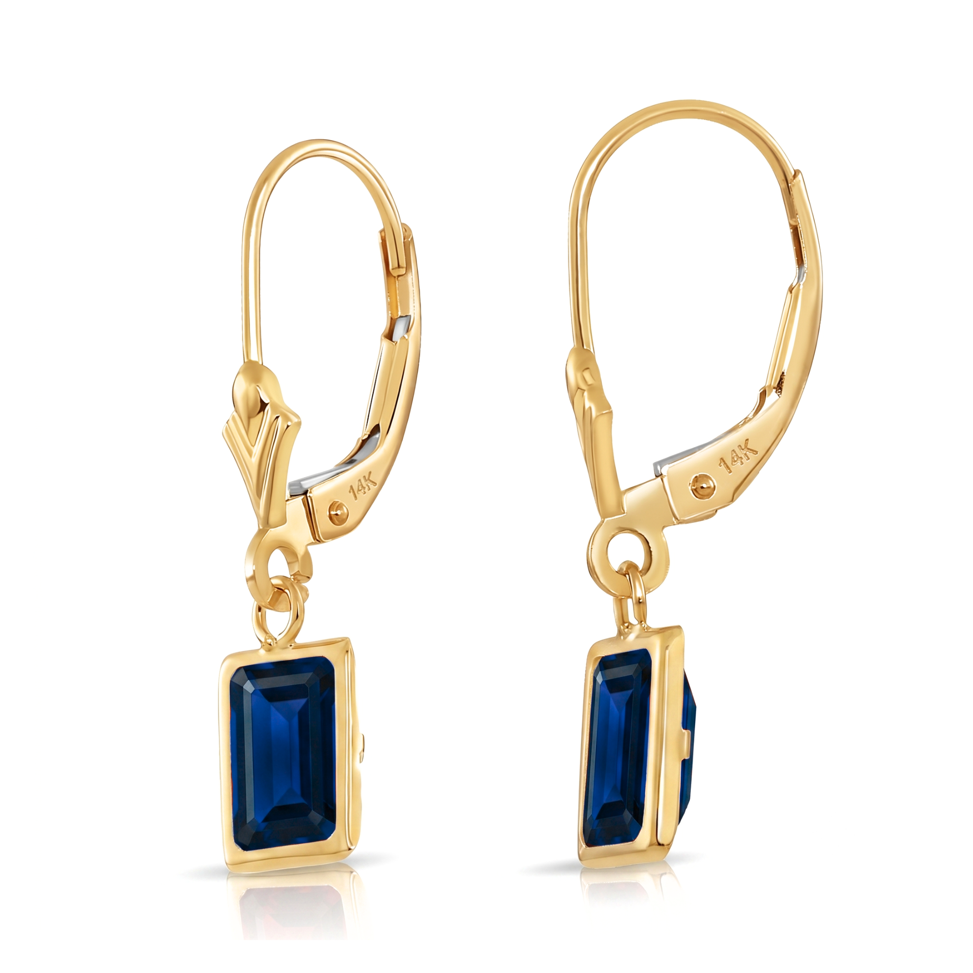 14K Gold Blue Sapphire Emerald-Cut Gemstone Drop Earrings