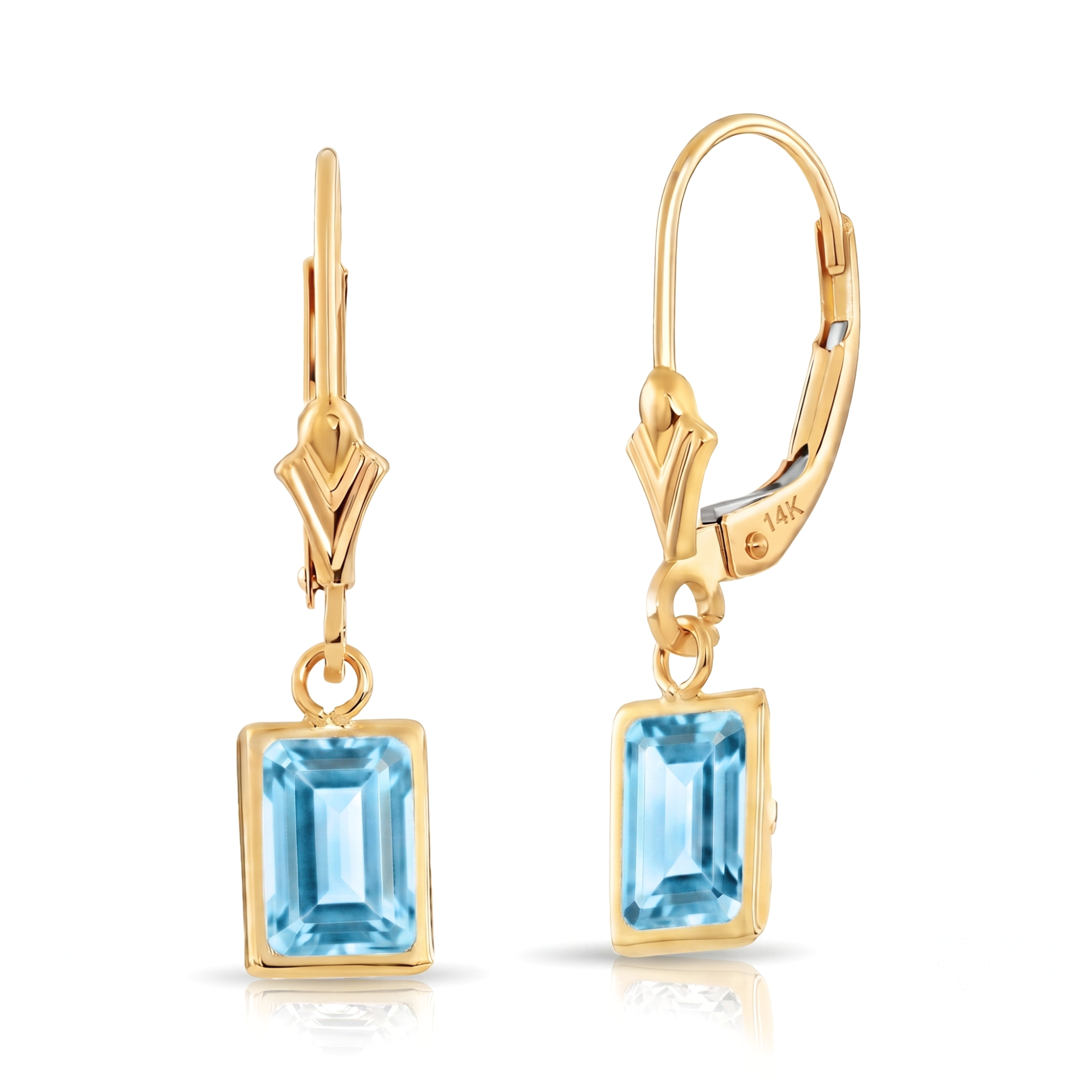 14K Gold Natural Sky Blue Topaz Emerald-Cut Gemstone Drop Earrings