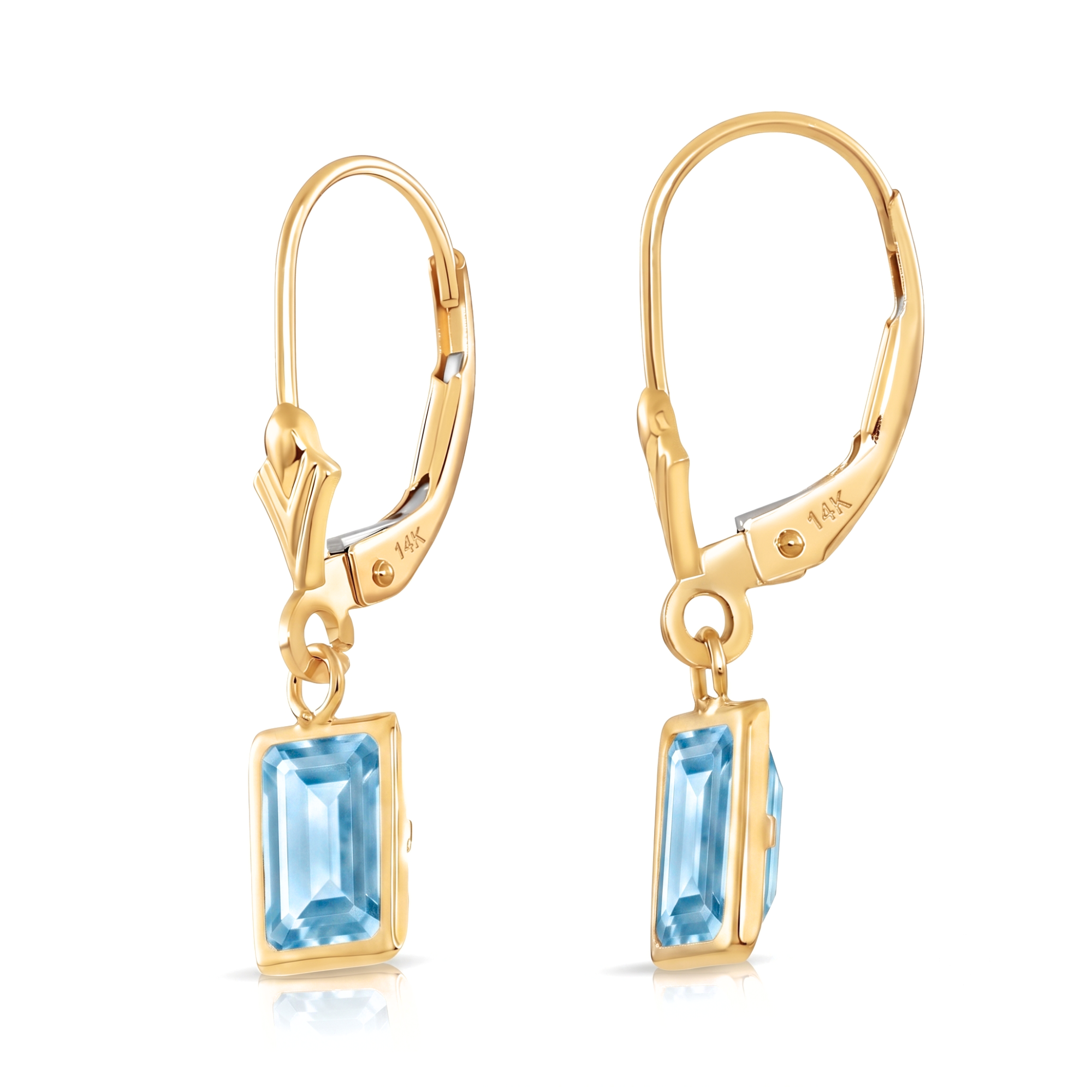 14K Gold Natural Sky Blue Topaz Emerald-Cut Gemstone Drop Earrings
