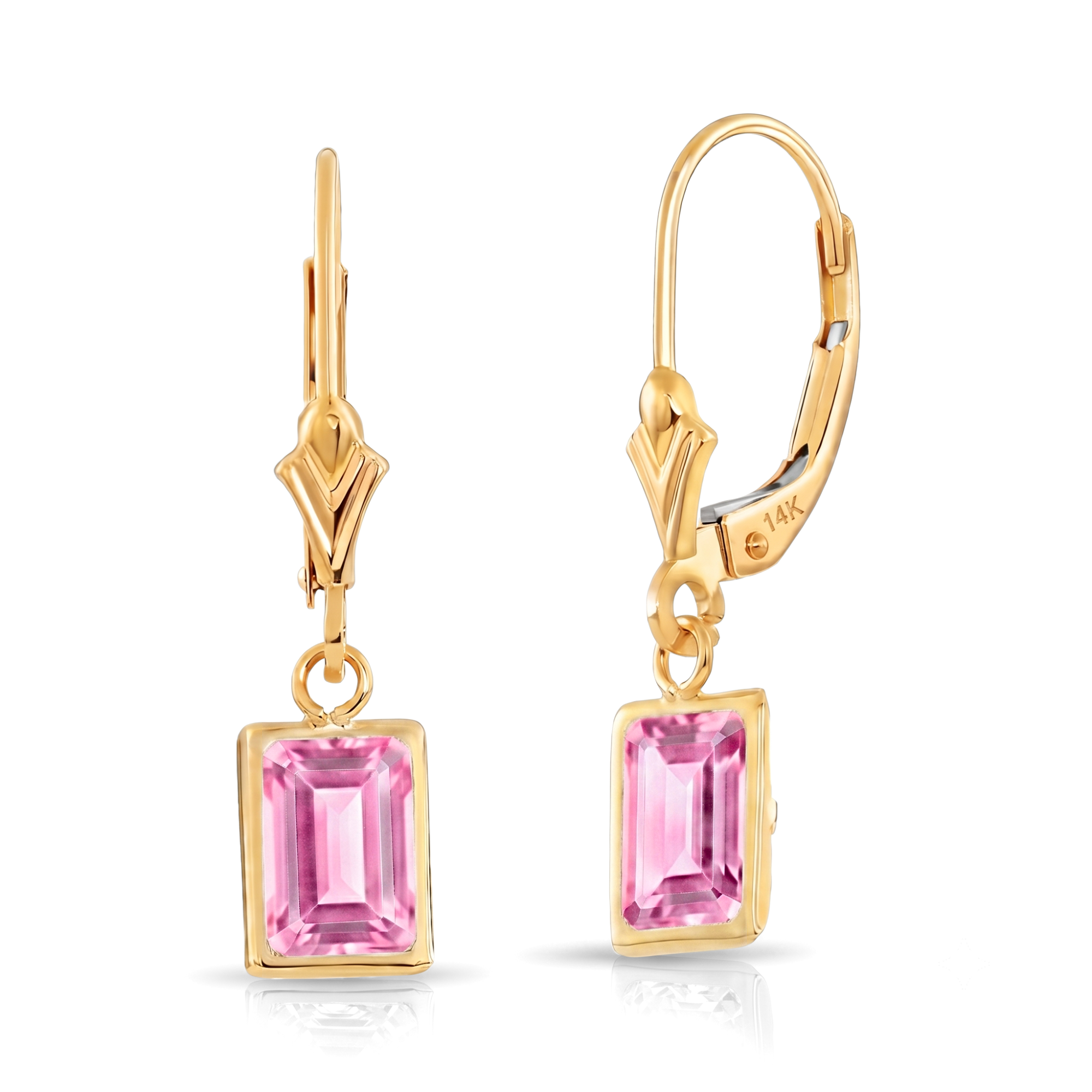 14K Gold Pink Sapphire Emerald-Cut Gemstone Drop Earrings
