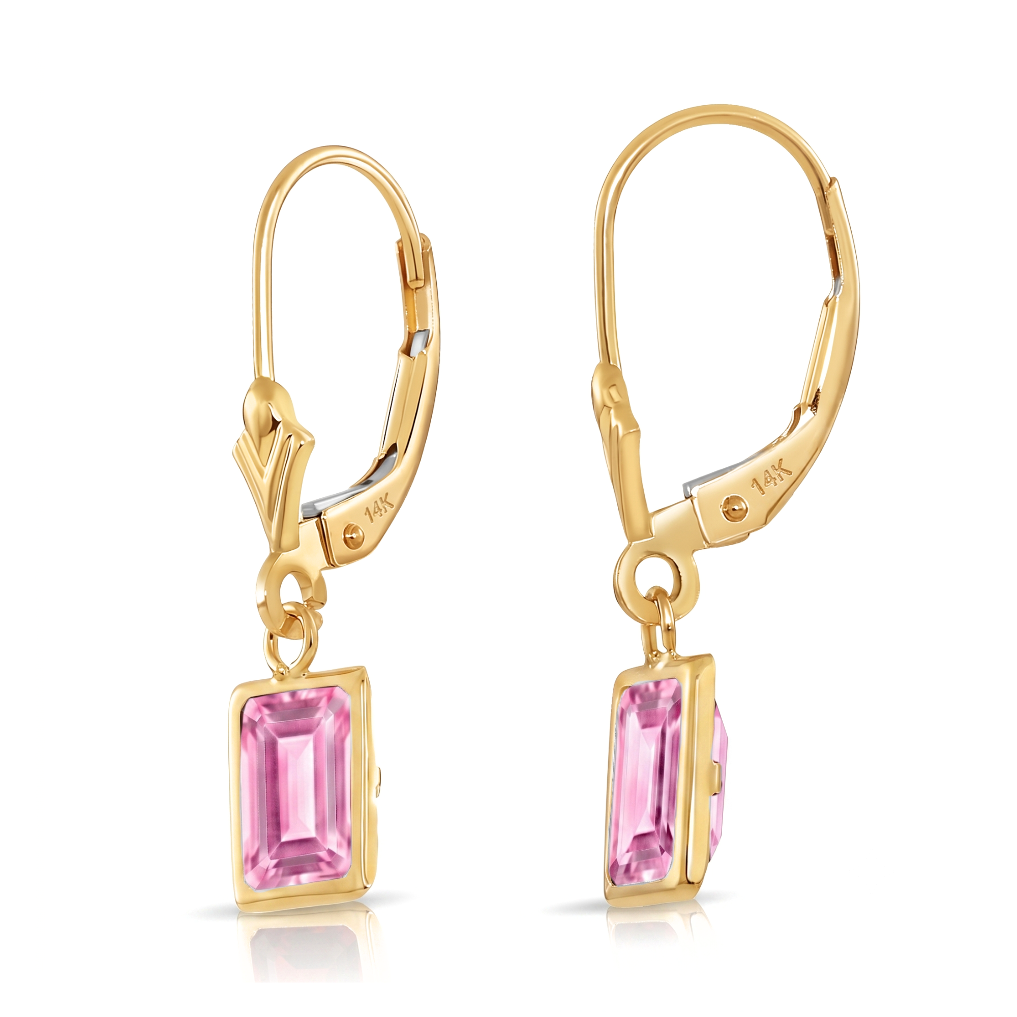 14K Gold Pink Sapphire Emerald-Cut Gemstone Drop Earrings