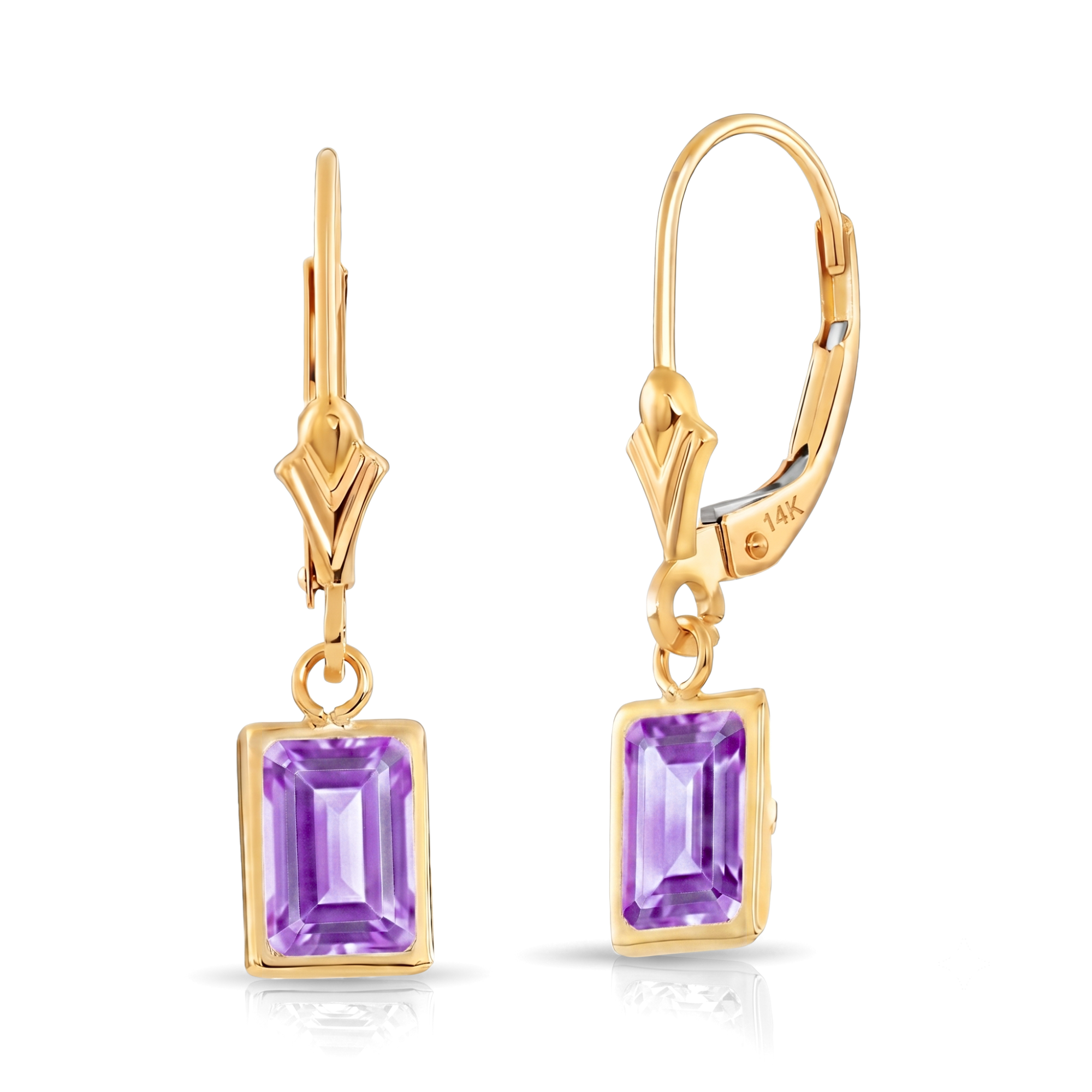 14K Gold Natural Purple Amethyst Emerald-Cut Gemstone Drop Earrings