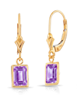 14K Gold Natural Purple Amethyst Emerald-Cut Gemstone Drop Earrings