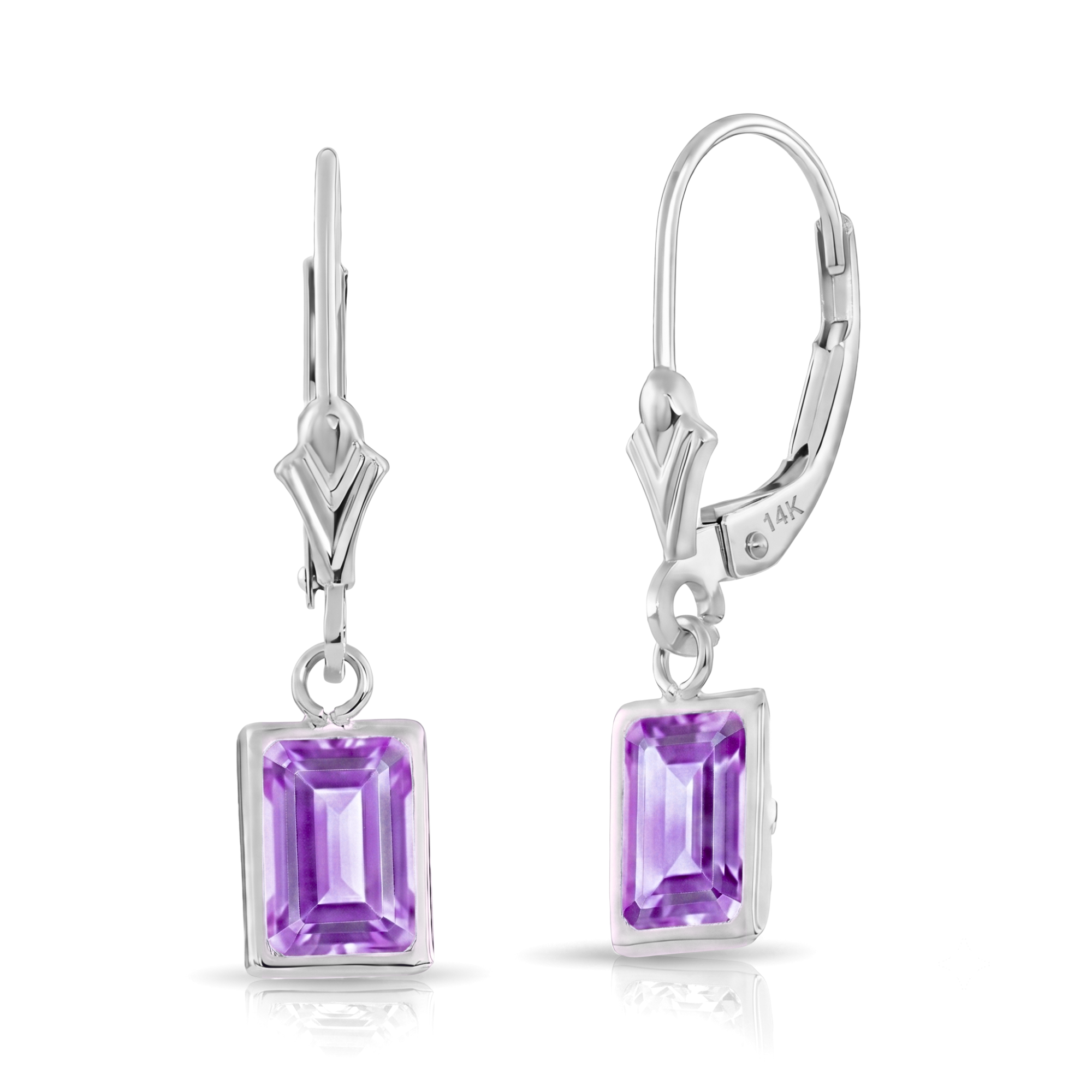 14K Gold Natural Purple Amethyst Emerald-Cut Gemstone Drop Earrings