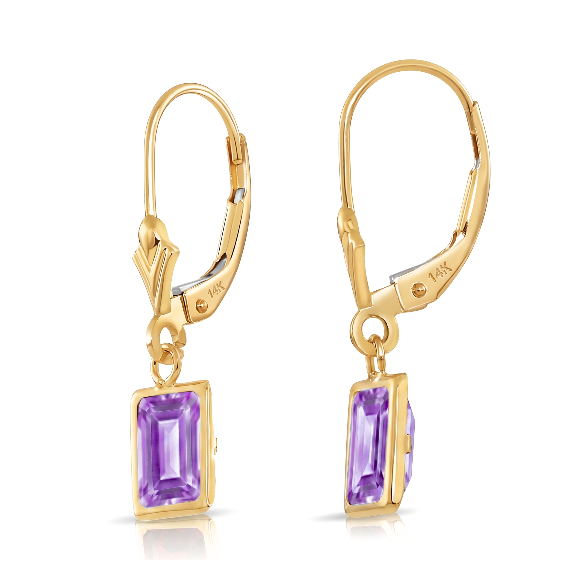 14K Gold Natural Purple Amethyst Emerald-Cut Gemstone Drop Earrings