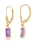 14K Gold Natural Purple Amethyst Emerald-Cut Gemstone Drop Earrings