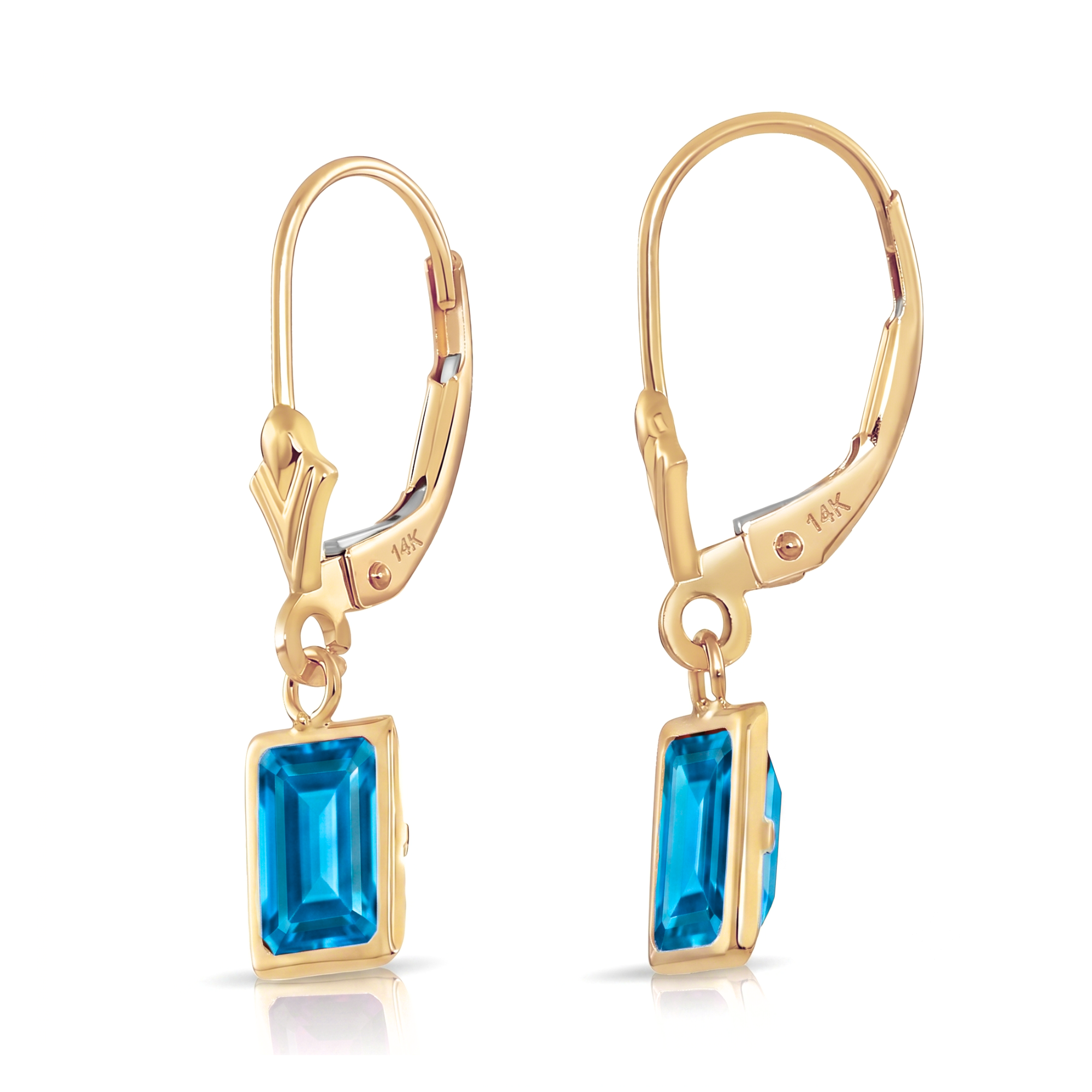 14K Gold Natural London Blue Topaz Emerald-Cut Gemstone Drop Earrings