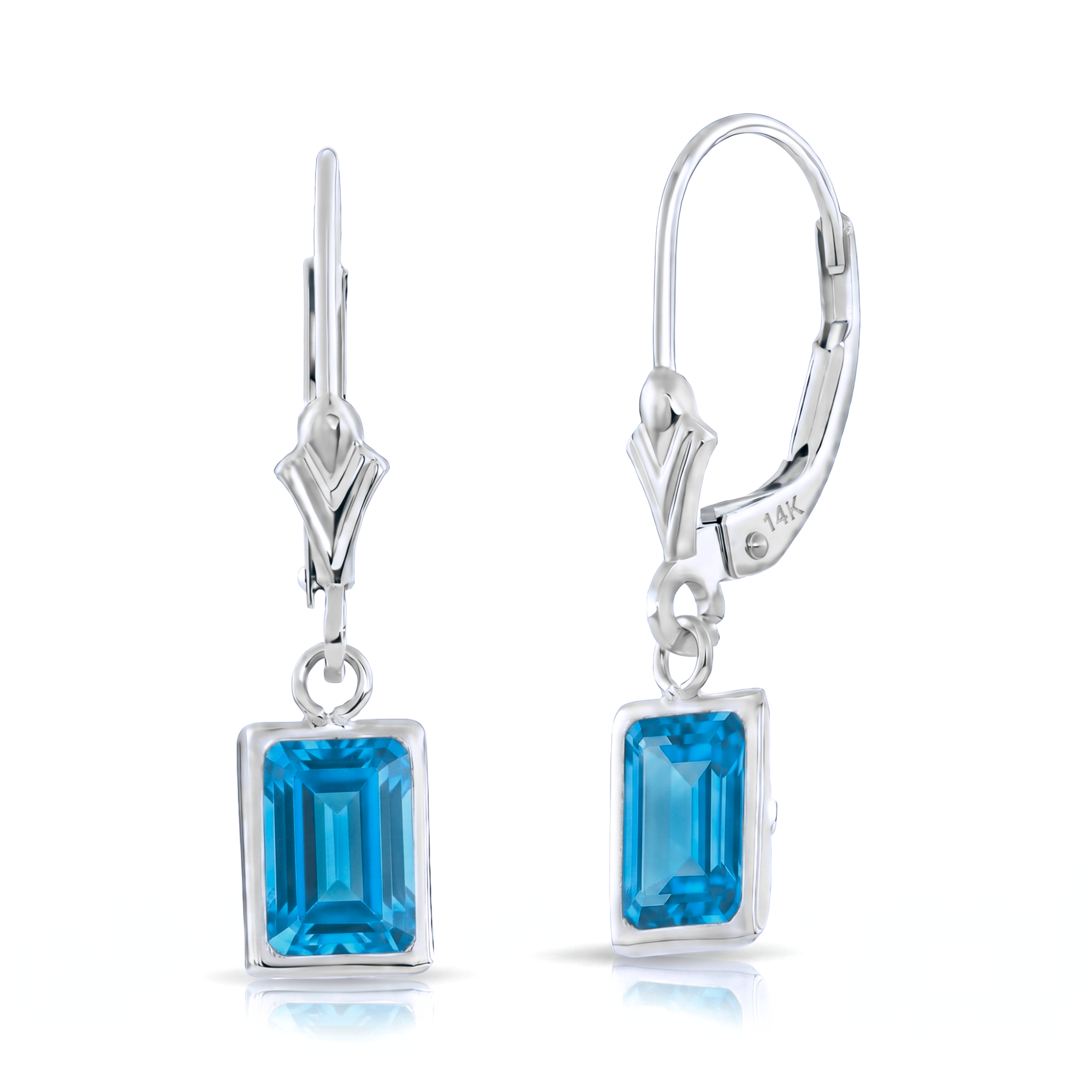 14K Gold Natural London Blue Topaz Emerald-Cut Gemstone Drop Earrings