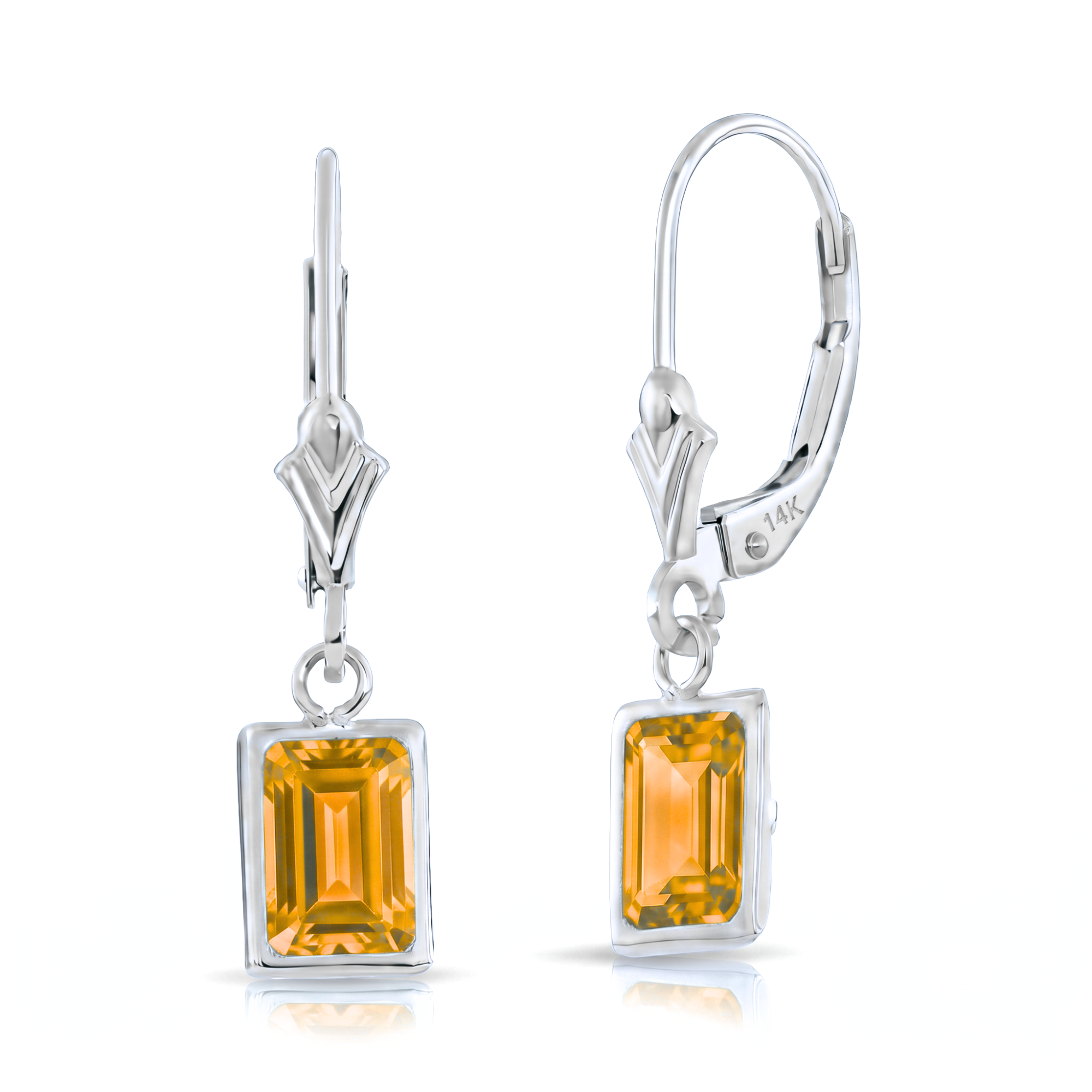 14K Gold Natural Citrine Emerald-Cut Gemstone Drop Earrings