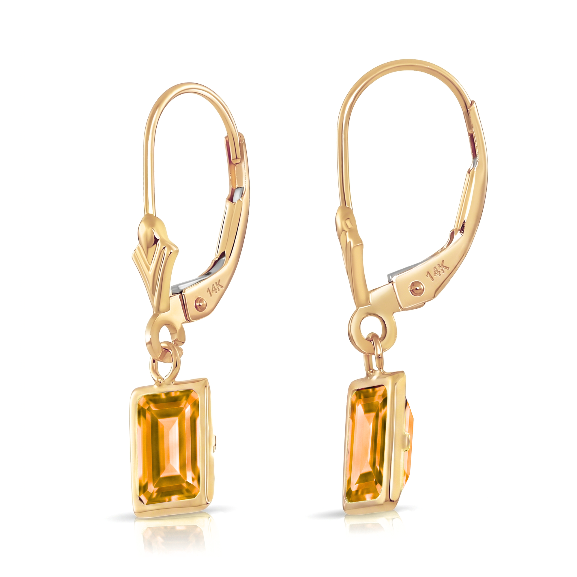 14K Gold Natural Citrine Emerald-Cut Gemstone Drop Earrings