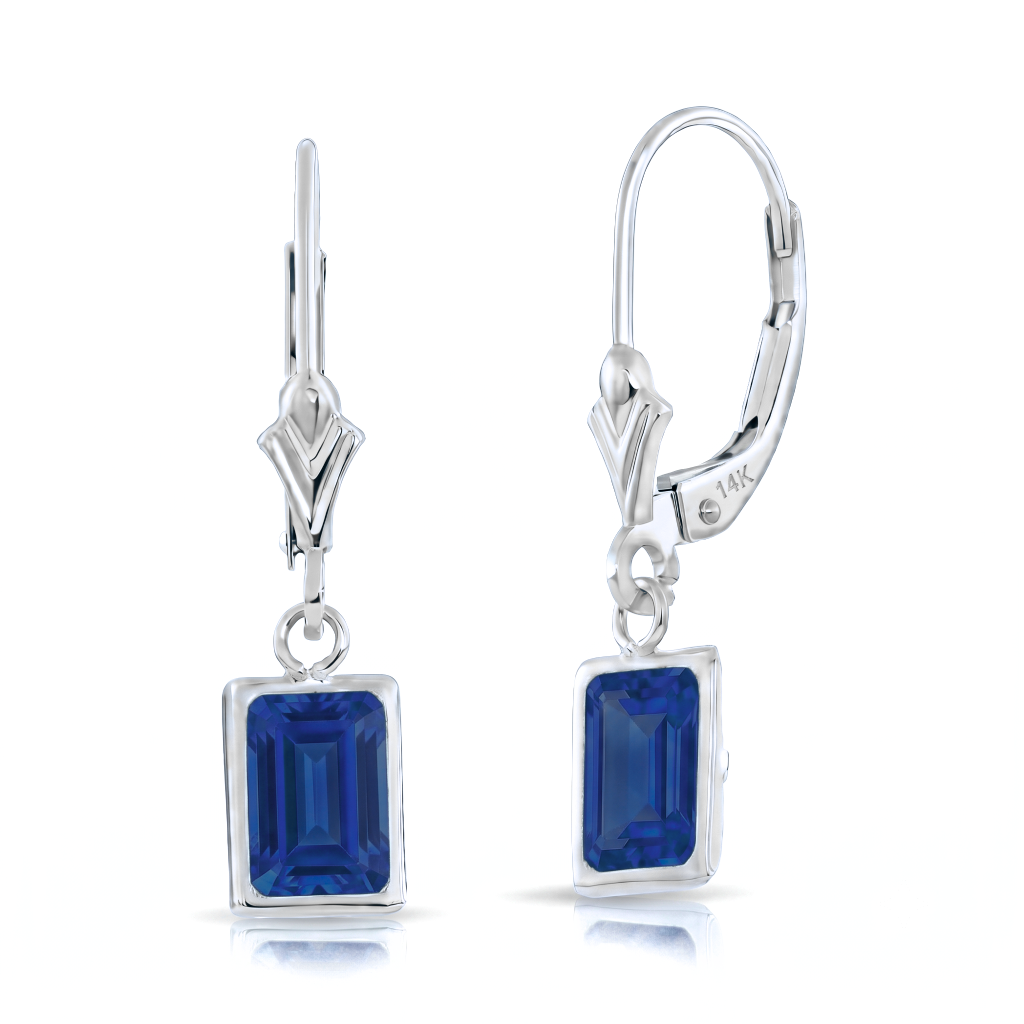 14K Gold Blue Sapphire Emerald-Cut Gemstone Drop Earrings