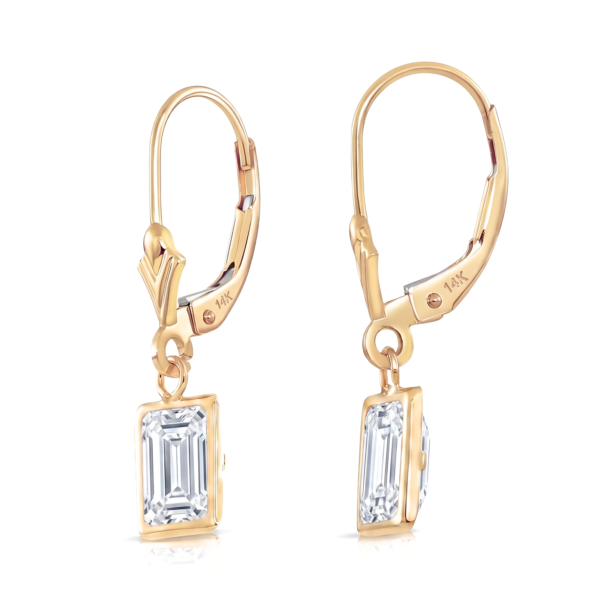 14K Gold Natural White Topaz Emerald-Cut Gemstone Drop Earrings