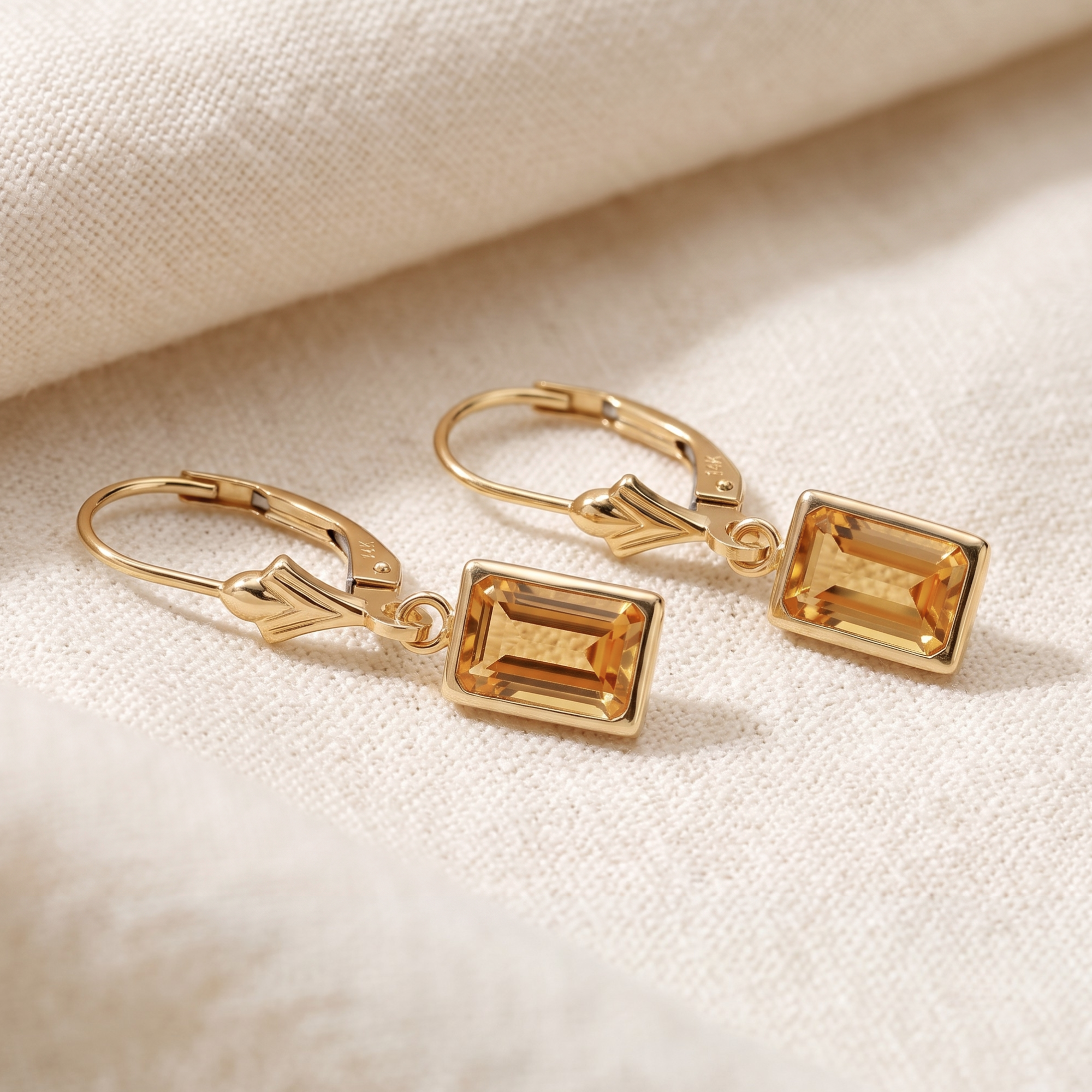 14K Gold Natural Citrine Emerald-Cut Gemstone Drop Earrings