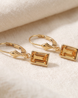 14K Gold Natural Citrine Emerald-Cut Gemstone Drop Earrings