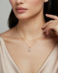 14K Solid Yellow Gold Princess-Cut Halo CZ Pendant, With 18" Cable Chain Necklace