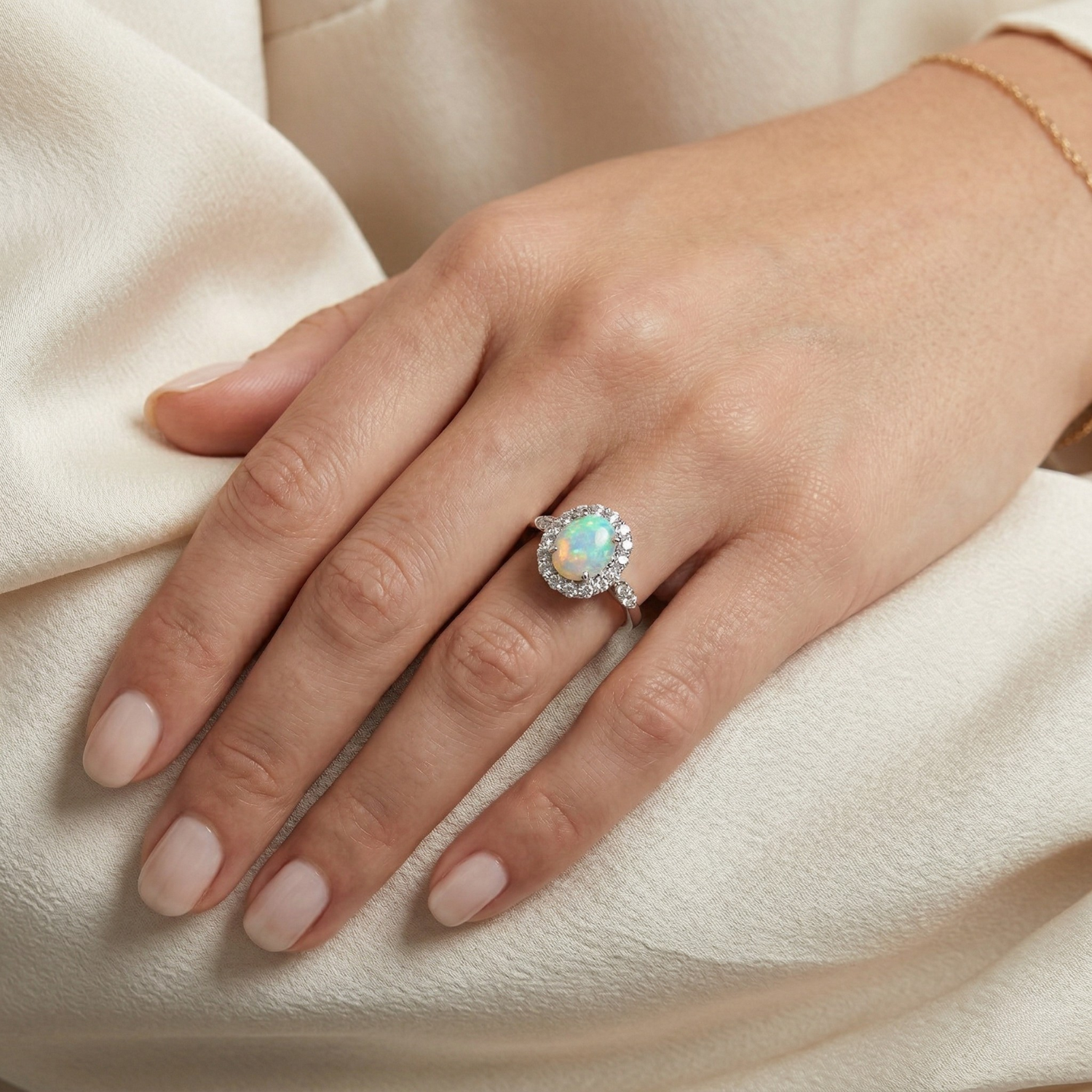 Sterling Silver Fire Opal Oval Ring, With CZ Halo