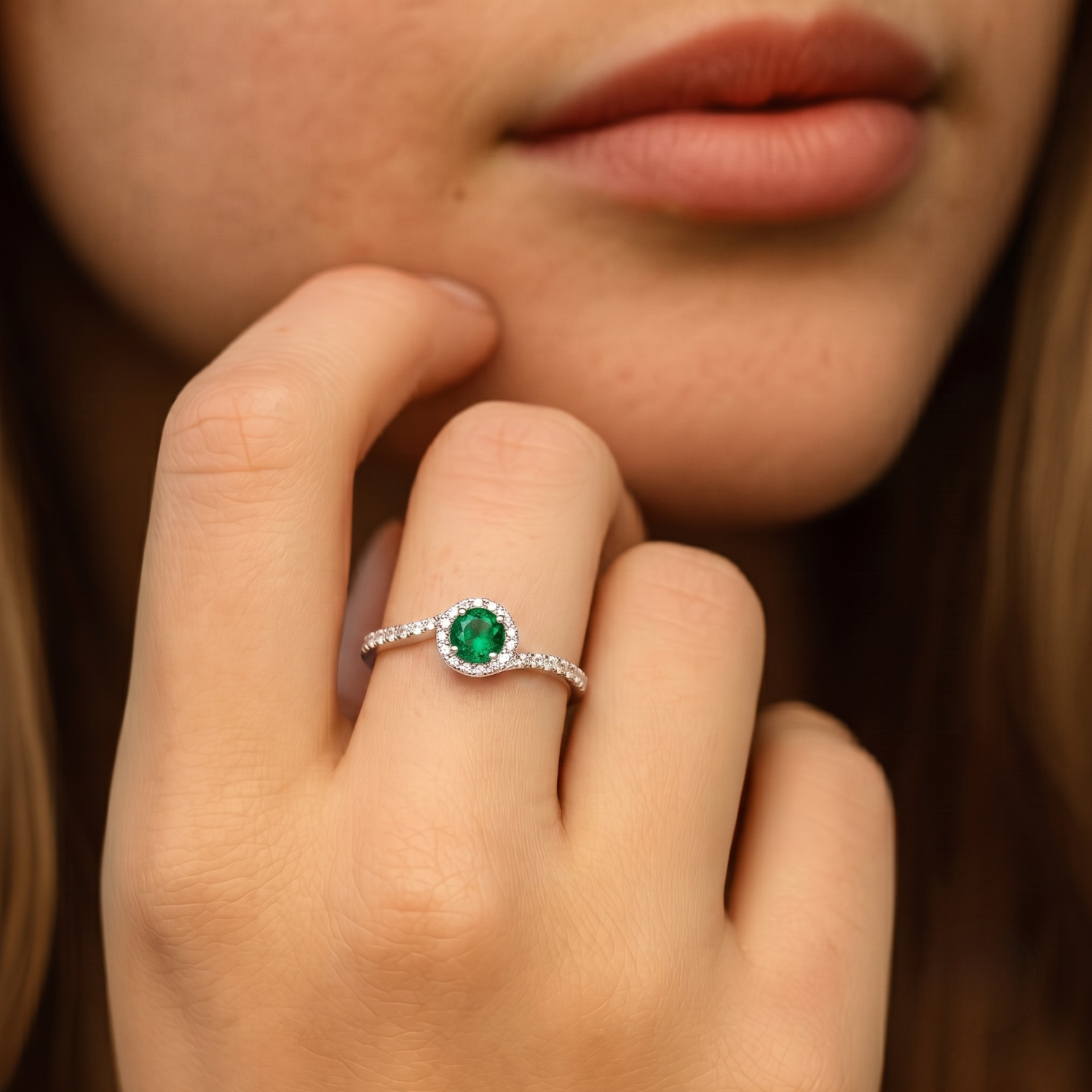 Sterling Silver Green Emerald CZ Halo Ring