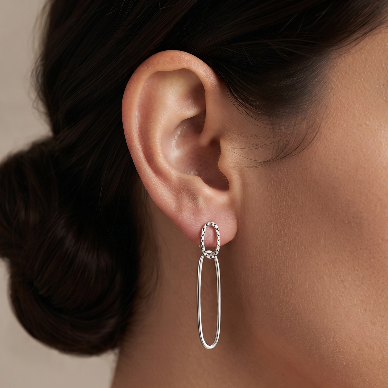 Sterling Silver Oval Diamond-Cut Hoop Drop Earrings