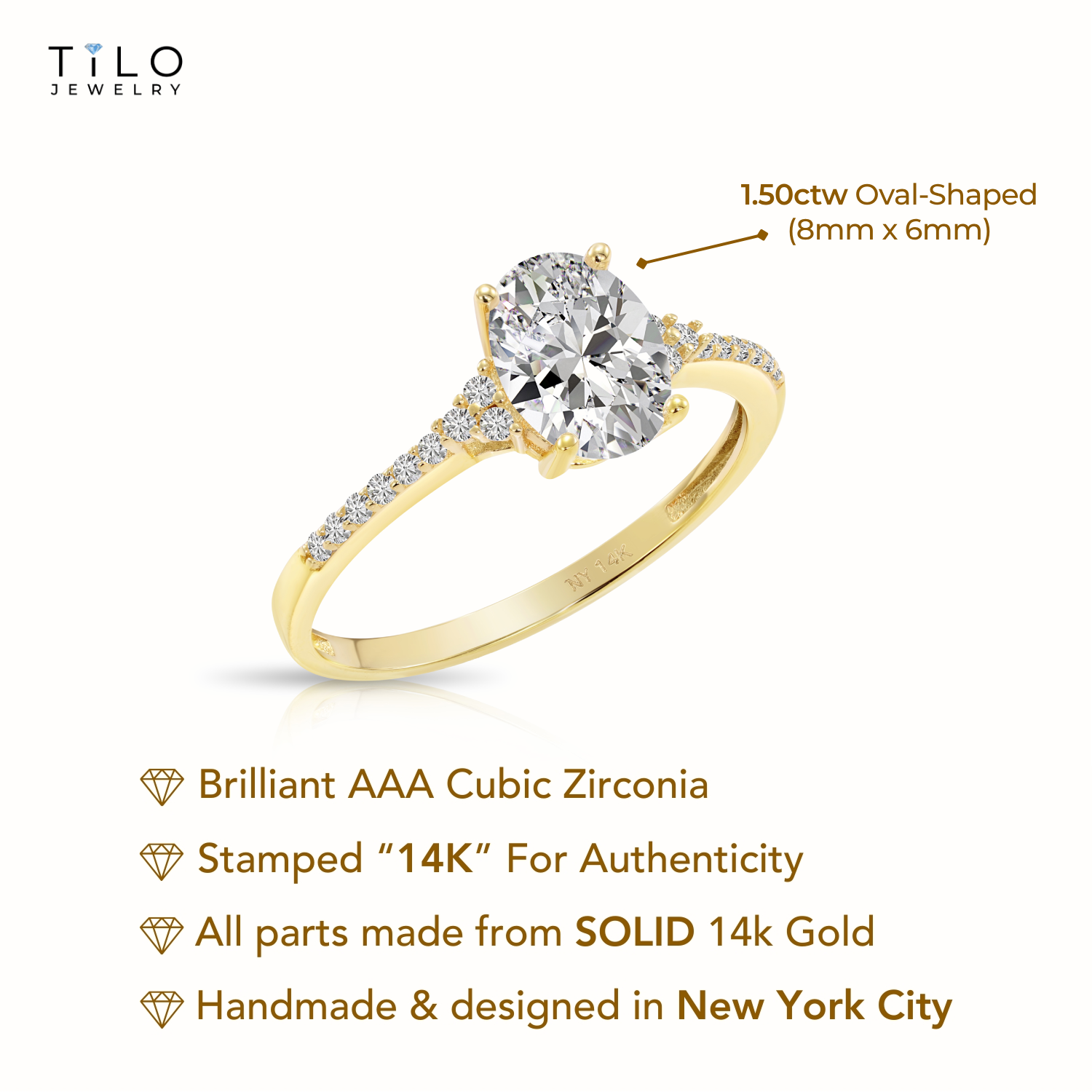 14K Yellow Gold Oval-Shaped Solitaire 1.5 Carat Engagement Ring With Side Stones