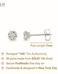 14k White Gold Classic Solitaire Cubic Zirconia Stud Earrings, Pushback