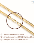 14k Gold Plated Miami Cuban Sterling Silver Chains, With Lobster Lock