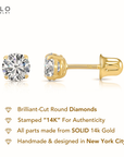 14K Yellow Gold Lab Diamond Stud Earrings, CVD Brilliant Solitaire Round Diamond Studs, Screwback