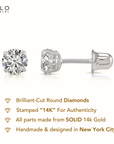 14K White Gold Lab Diamond Stud Earrings, CVD Brilliant Solitaire Round Diamond Studs, Screwback