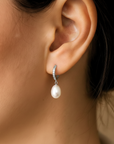 14K Gold Freshwater Pearl Drop Earrings, Huggie Design With Diamond-Cuts