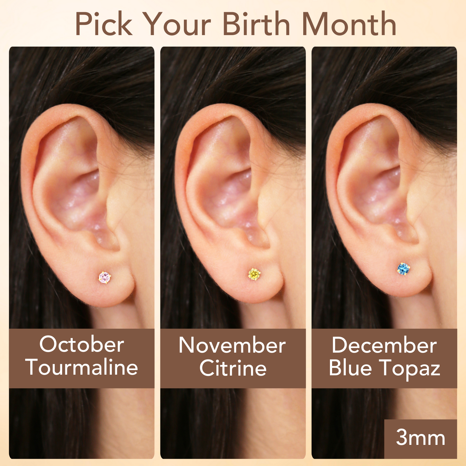 14k Yellow Gold Birthstone Solitaire Stud Earrings, 3mm, Available in 12 Colors