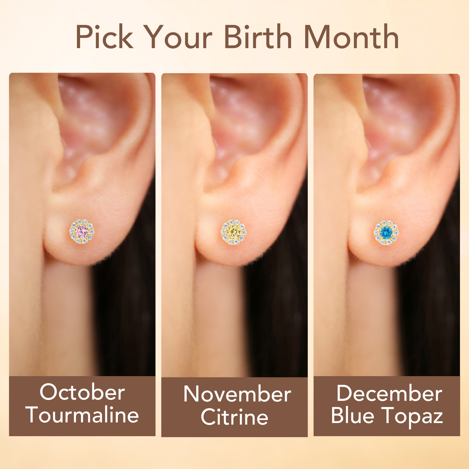 14k Yellow Gold Birthstone Halo Stud Earrings, With Secure Screw-On Backs, Available in 12 Colors