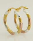 Sterling Silver Three-tone Diamond-cut Round Hoop Earrings, 25mm