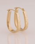 14K Yellow Gold Oval Hoop Earrings, Hand Engraved Diamond-Cut "Checkered" Pattern