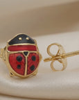 14K Yellow Gold Red Ladybug Studs, Pushback