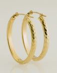 14K Yellow Gold Hand Engraved Full Diamond-cut Oval Hoop Earrings