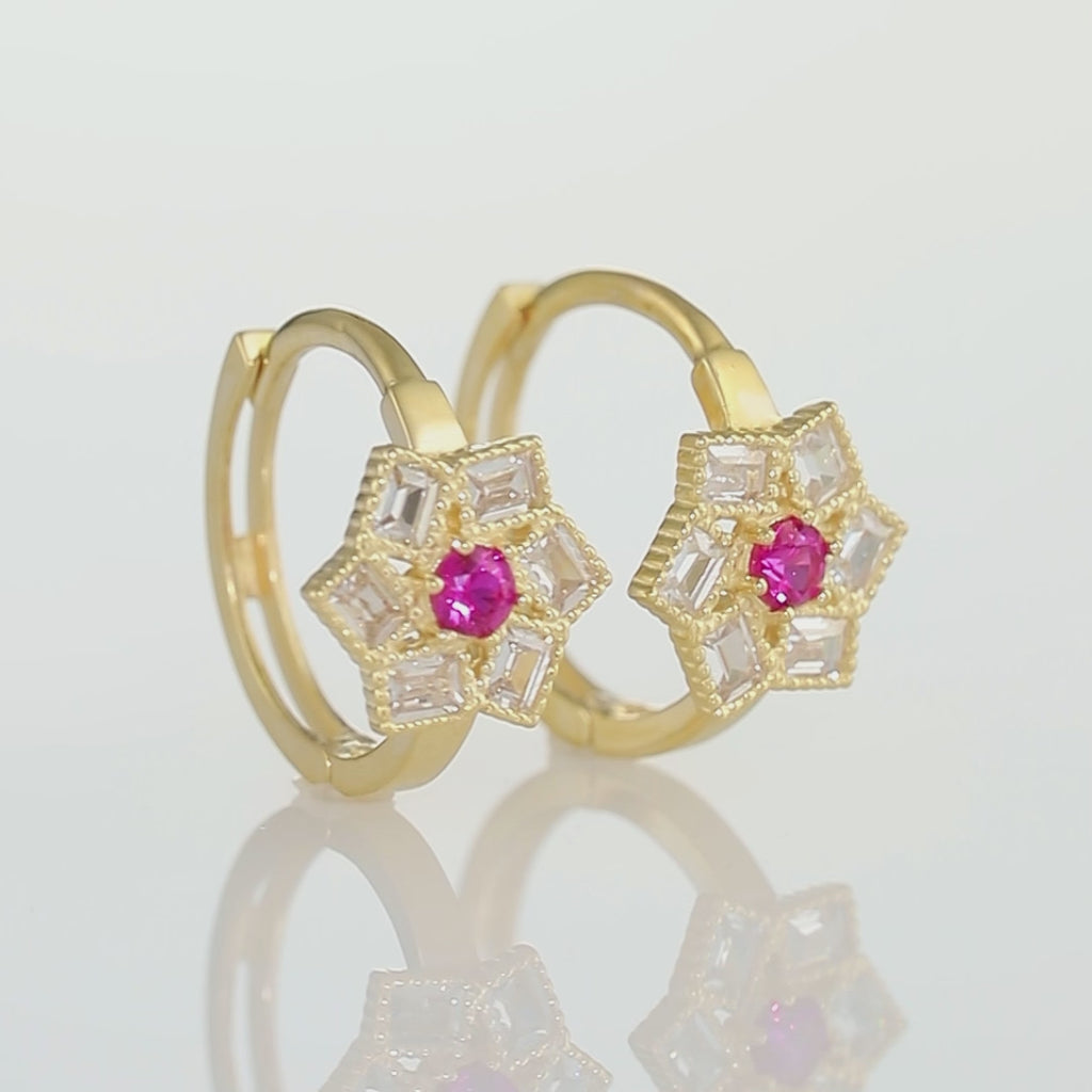 14K Yellow Gold Ruby Birthstone CZ Flower Huggies Hoop