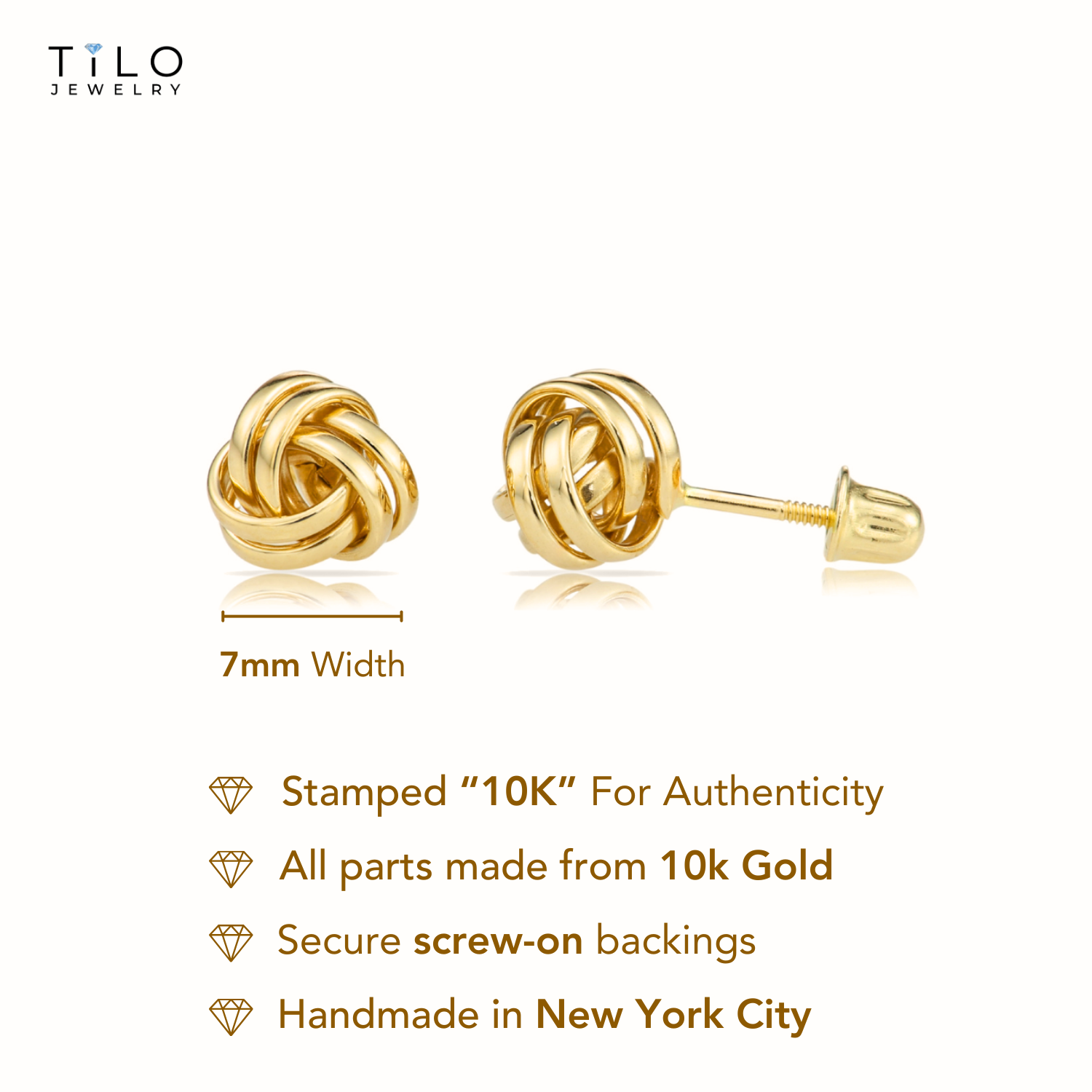10k Gold Polished Love Knot Stud Earrings with Screwbacks, 7mm