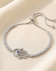Sterling Silver Hamsa WIth Evil Eye Adjustable Bracelet