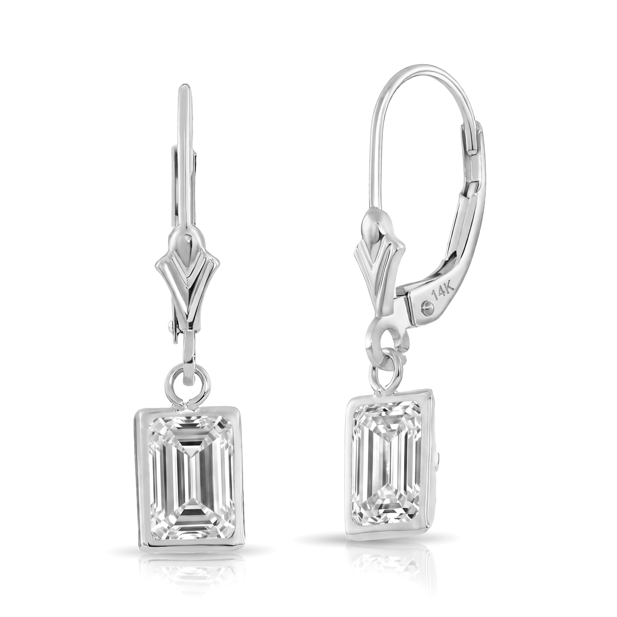 14K Gold Natural White Topaz Emerald-Cut Gemstone Drop Earrings