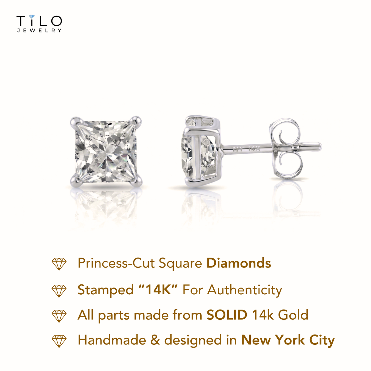 14K White Gold Princess-Cut Lab Diamond Studs, Pushback