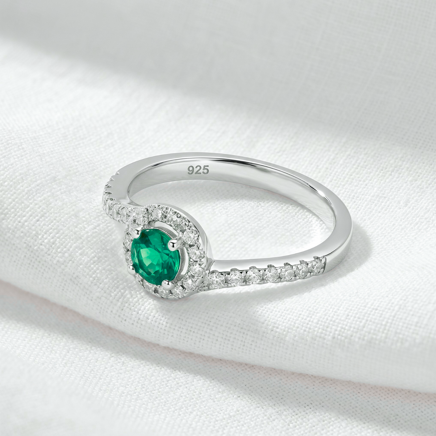 Sterling Silver Green Emerald CZ Halo Ring