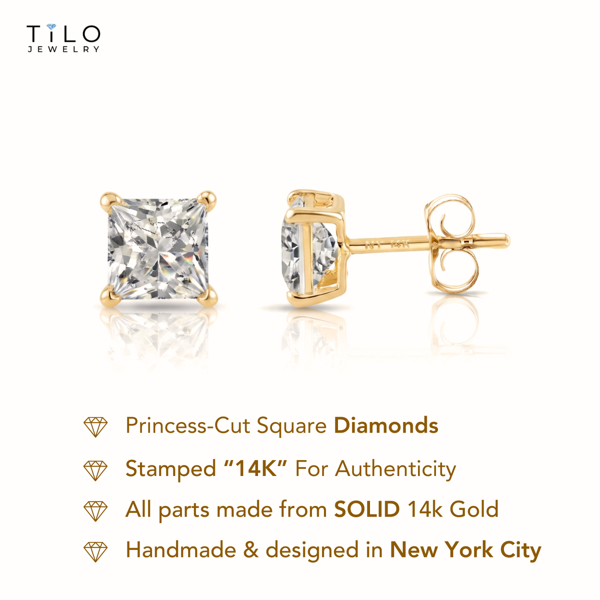 14K Yellow Gold Princess-Cut Lab Diamond Studs, Pushback