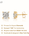 14K Yellow Gold Princess-Cut Lab Diamond Studs, Pushback