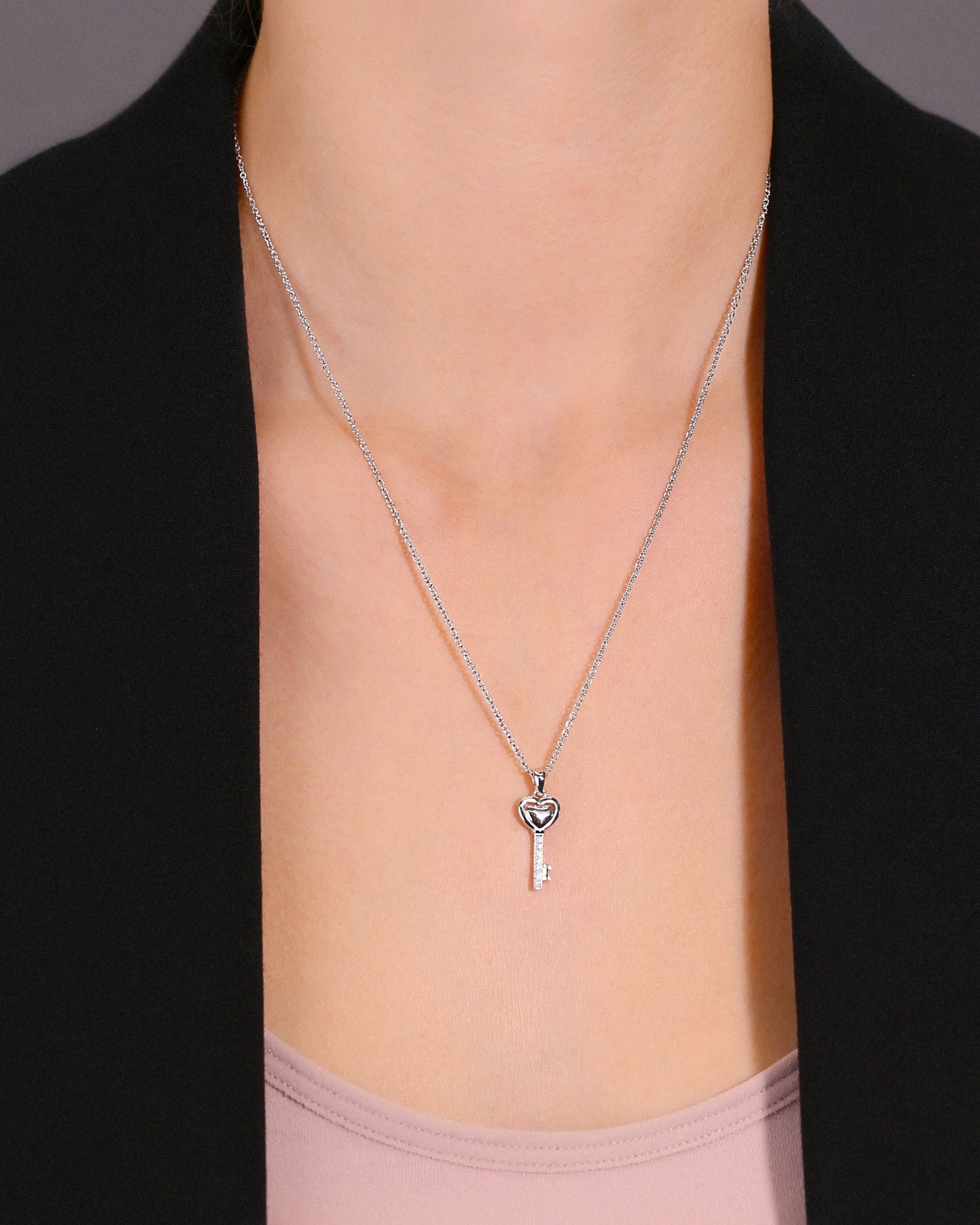 Sterling Silver Heart and Key Charm Necklace