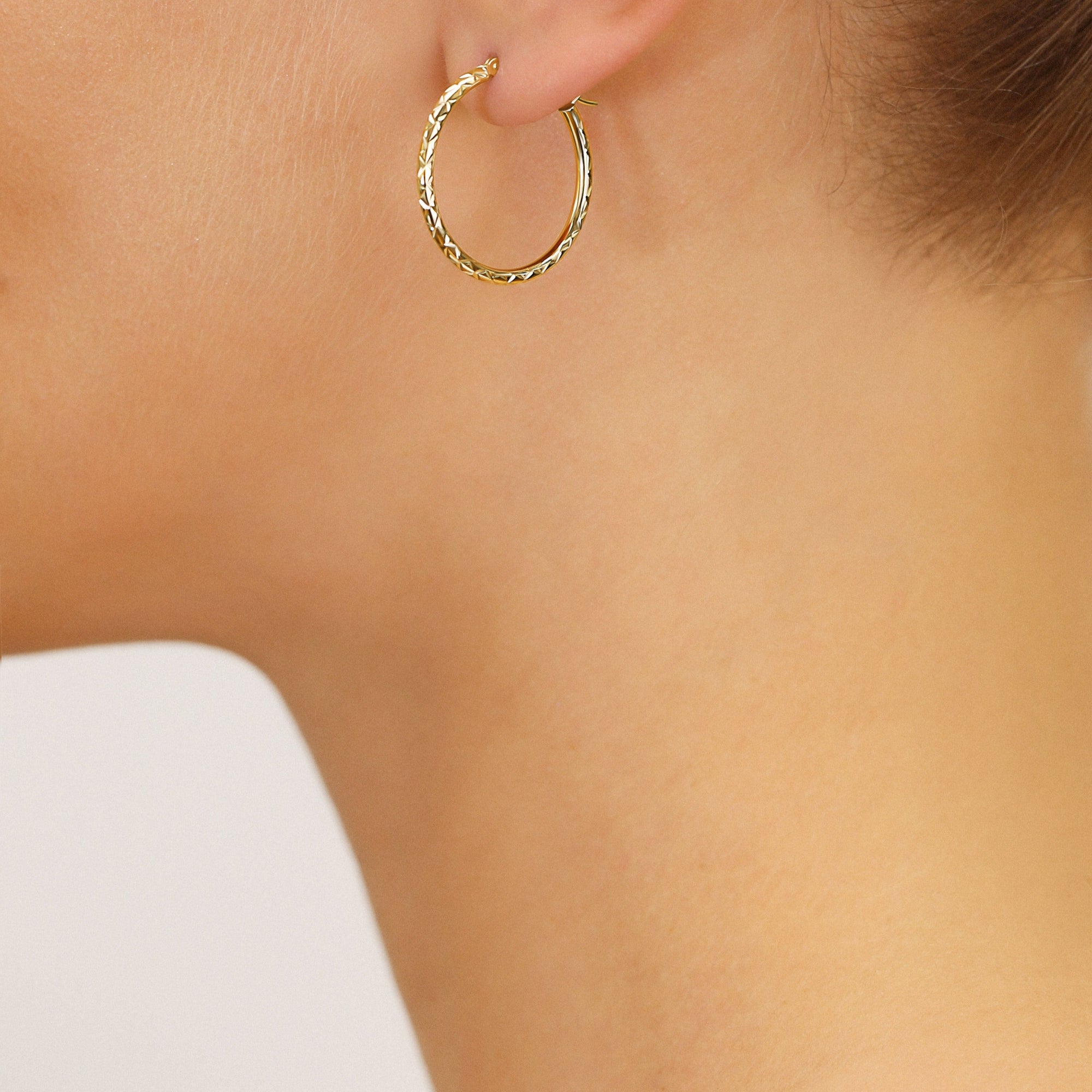 14k Gold X Pattern Diamond Cut Hoop Earrings, 1 Inch