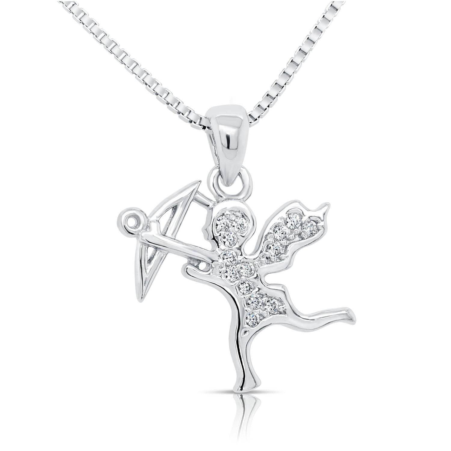 CZ Cupid Charm Necklace, Cherub Cupid in Sterling Silver