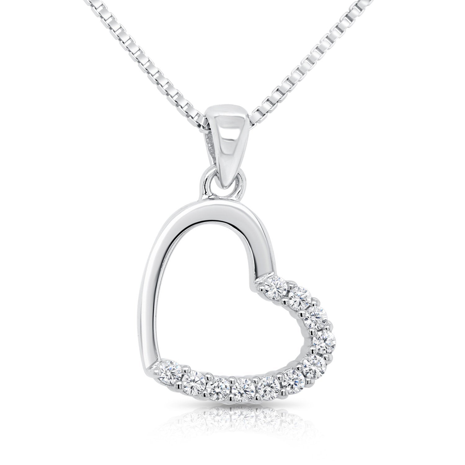 CZ Tilted Heart Charm Necklace in Sterling Silver