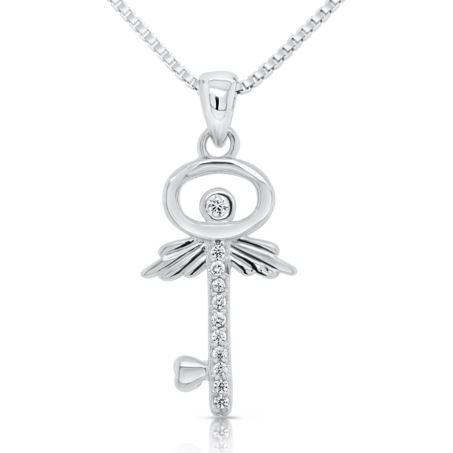 CZ Key Charm Necklace in Sterling Silver