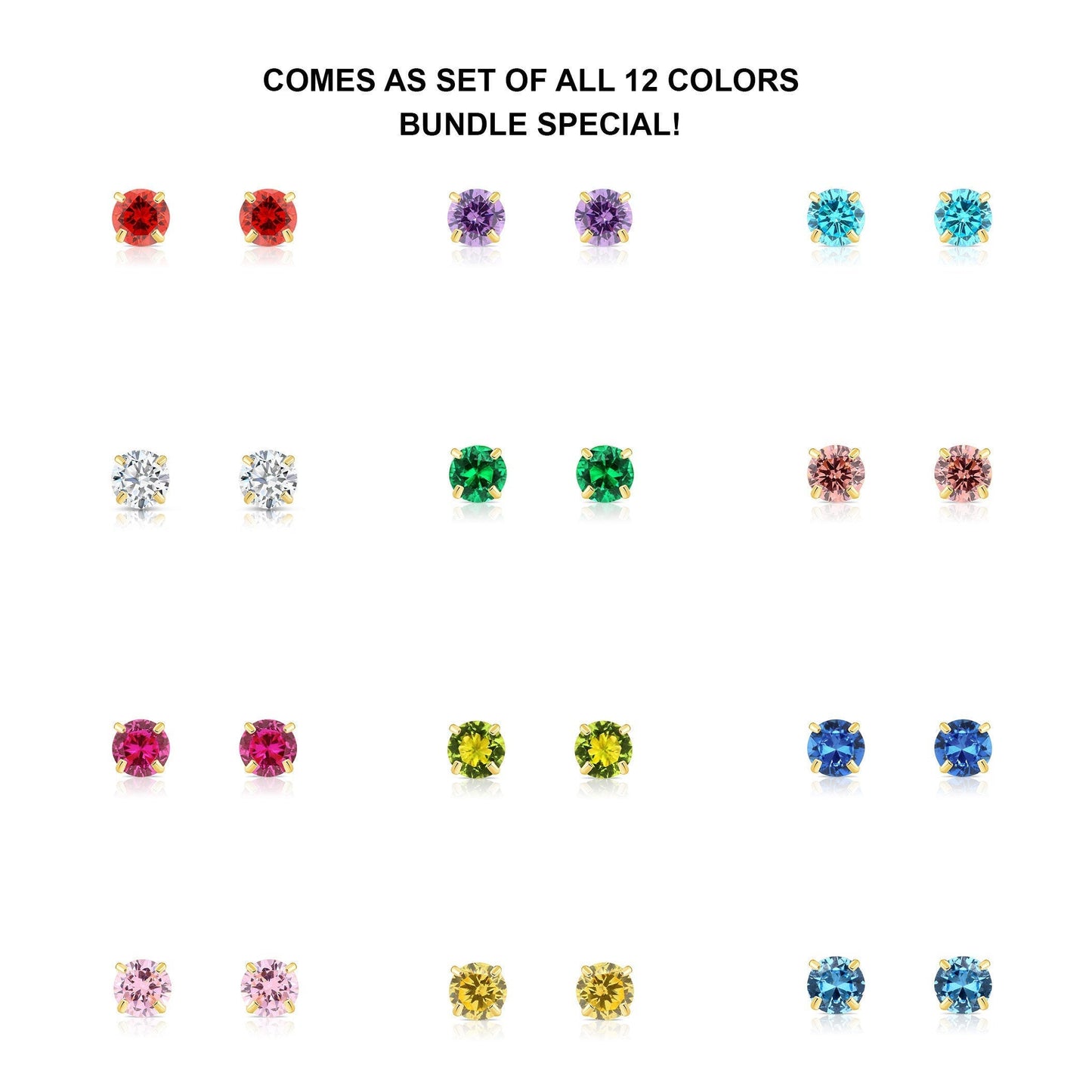 Set of 12! 14k Yellow Gold Birthstone Stud Earrings, 3mm Jewelry Set
