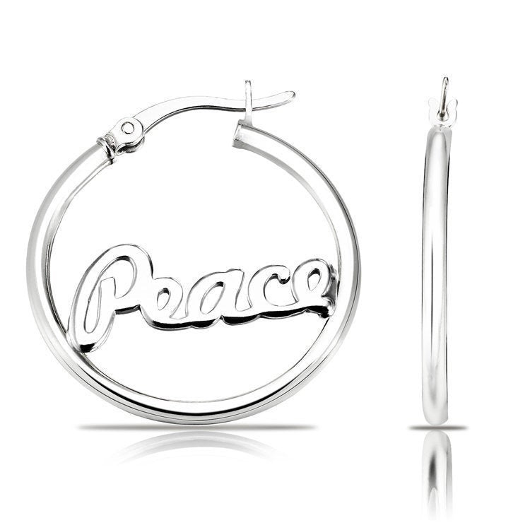 Sterling Silver PEACE Hoop Earrings, 1 inch