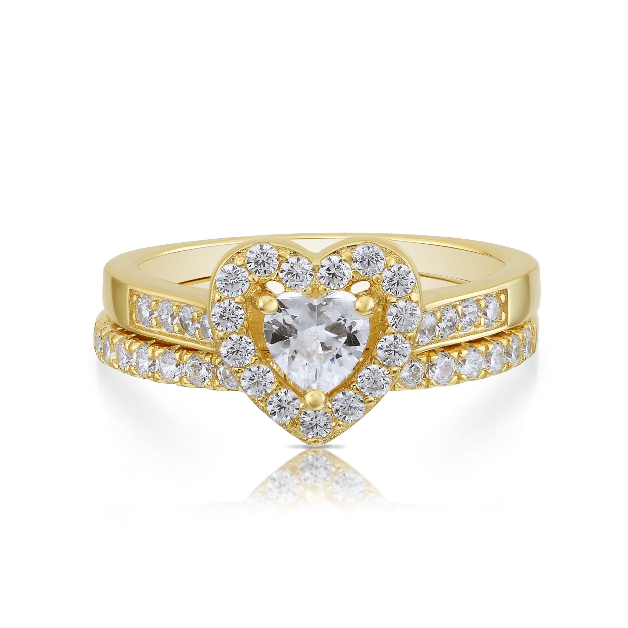CZ Heart Engagement Ring Set, Gold Plated in Sterling Silver